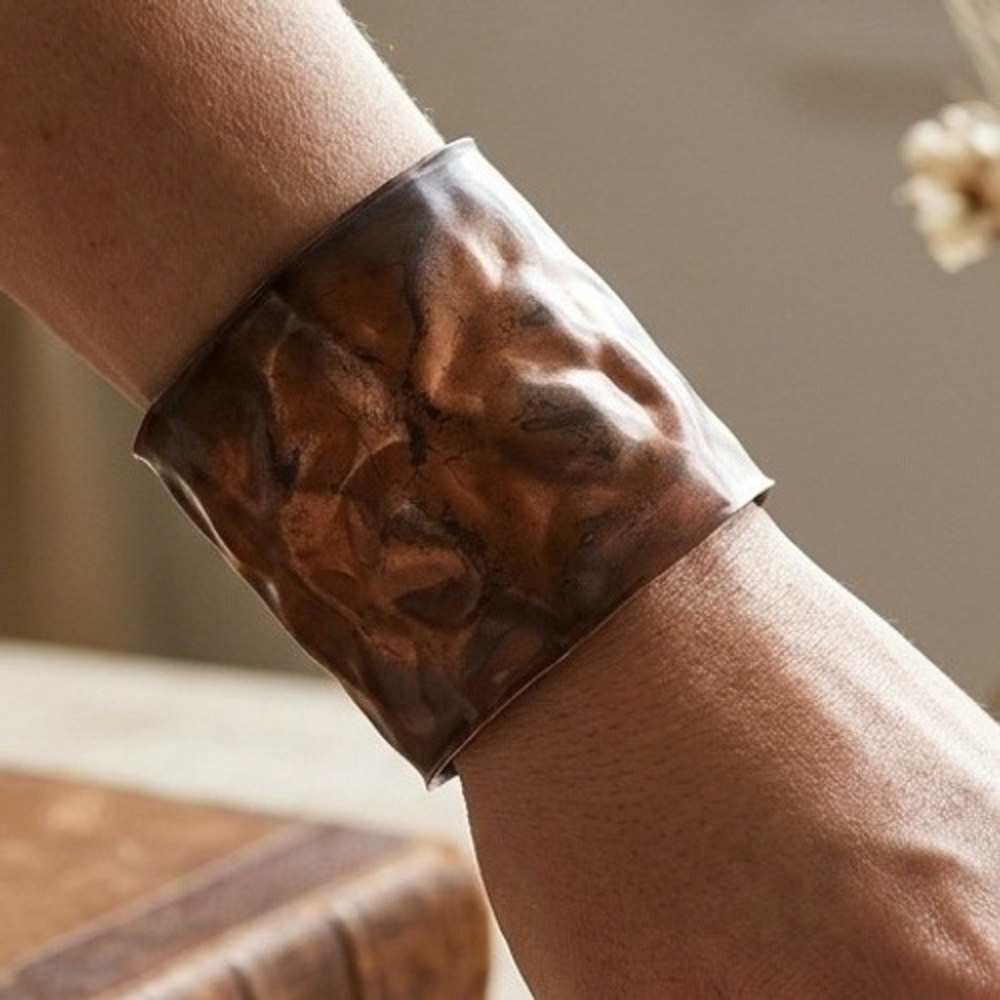 Artisan Hammered Copper Tone Wide Cuff Bracelet Bold Statement Textured Rustic